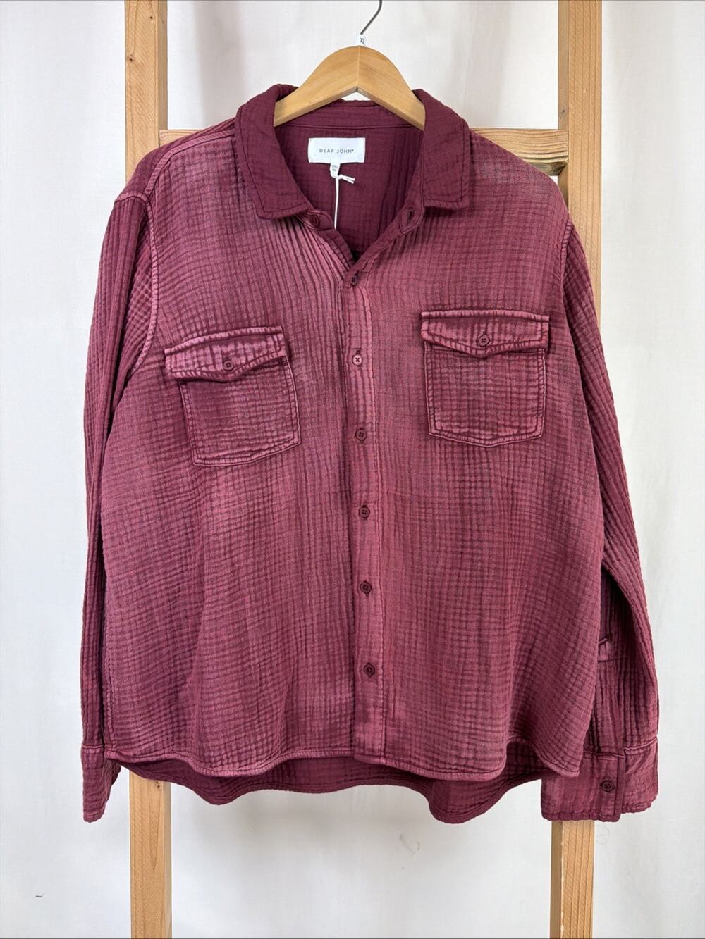 NWT Dear John Red Mineral Wash Button Up Long Sleeve Gauze Top #1179 Size XL